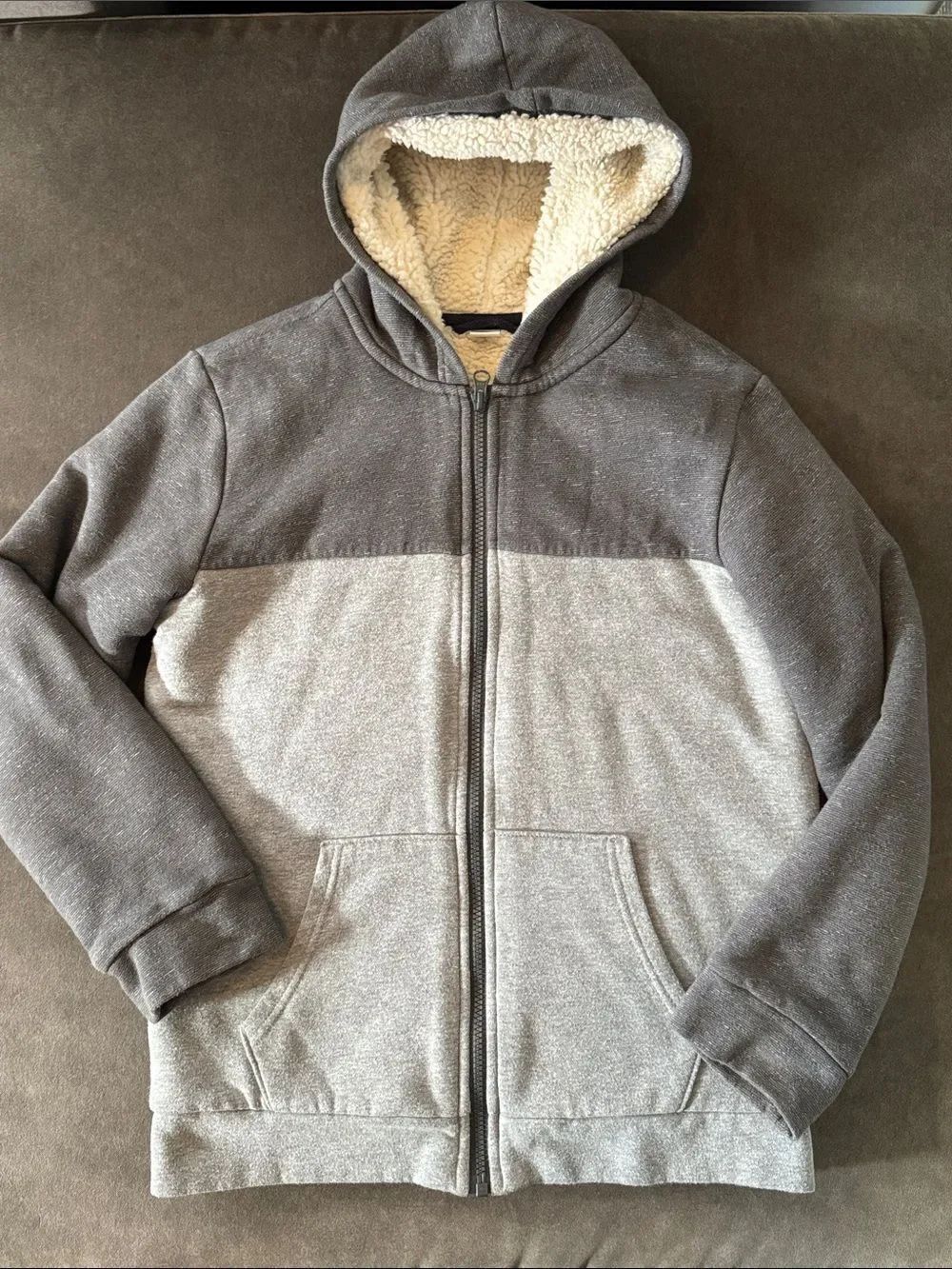 Old Navy Kids Gray Zip-Up Hoodie Sweatshirt Cream Sherpa Lining Size XL 14-16